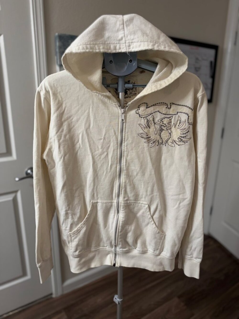Junk Food Zip-Up Hoodie Men's M Cream Embroidered Crest